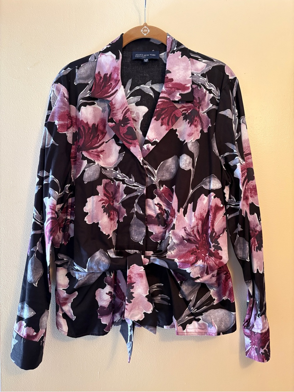 Jones New York Black Blouse with Pink Floral Print and Tie Front